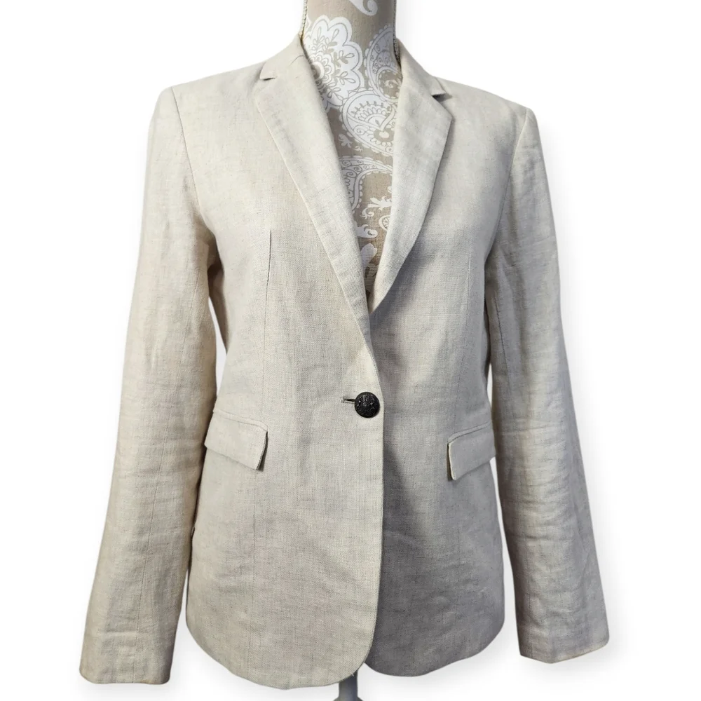 British Khaki Vintage Old Money Tailored Coastal Creme Linen Blazer Size M